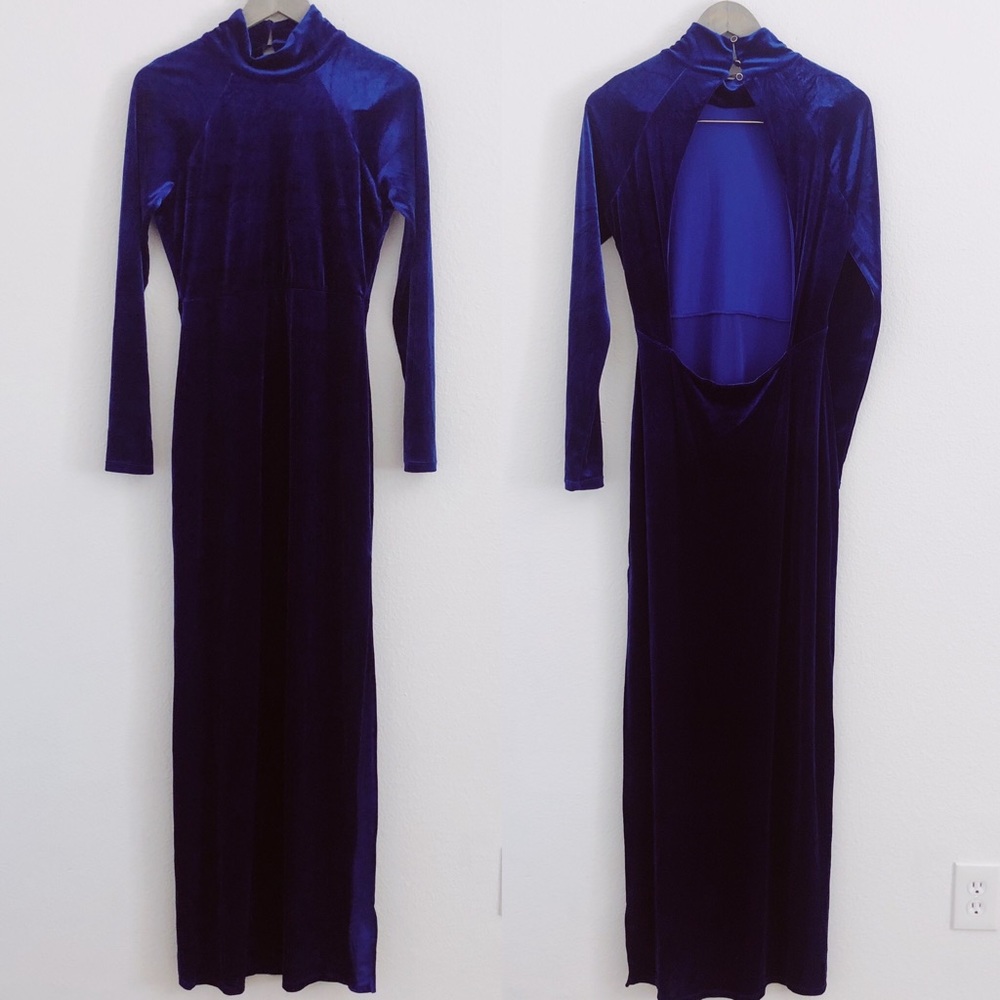 Nasty Gal sexy long blue velvet open back dress
